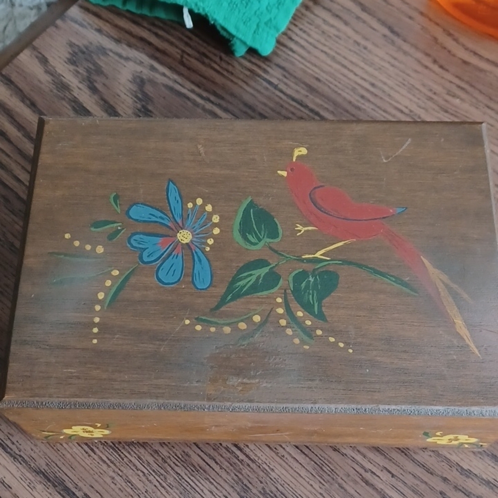 Vintage Painted Wood Bird & Flower Jewelry Box